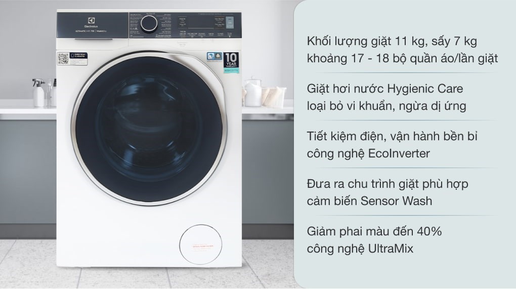 Máy giặt sấy Electrolux Inverter giặt 11 kg - sấy 7 kg núm xoay màu trắng EWW1142Q7WB 