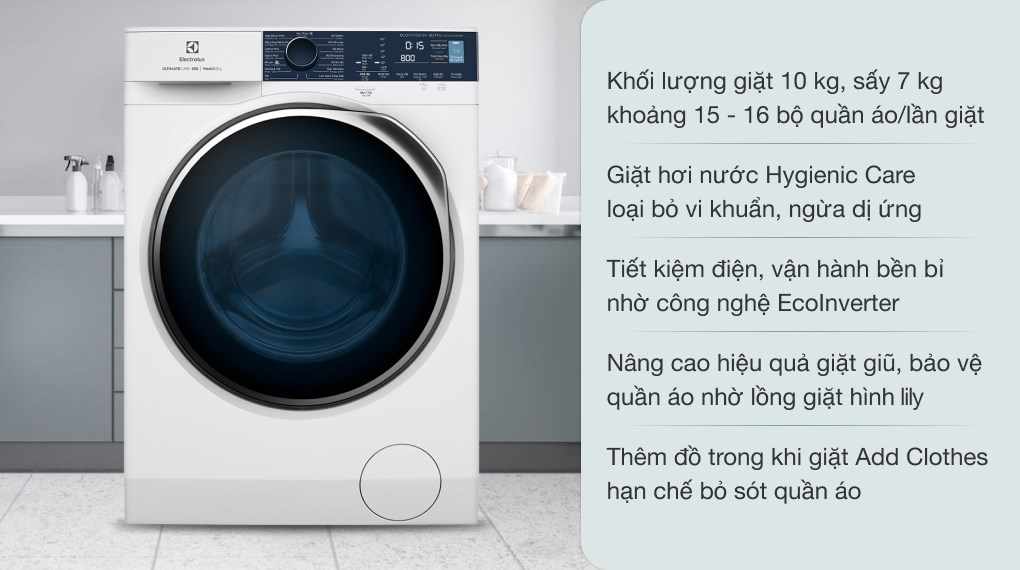 Máy giặt sấy Electrolux Inverter giặt 10 kg - sấy 7 kg núm xoay màu trắng EWW1024P5WB