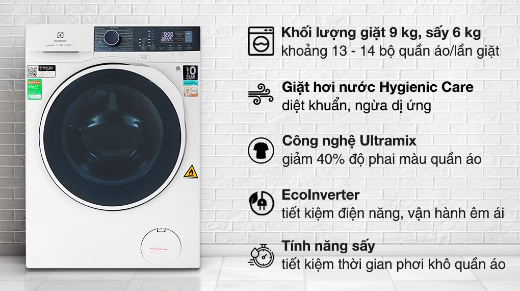 Máy giặt sấy Electrolux Inverter giặt 9 kg - sấy 6 kg núm xoay màu trắng EWW9024P5WB